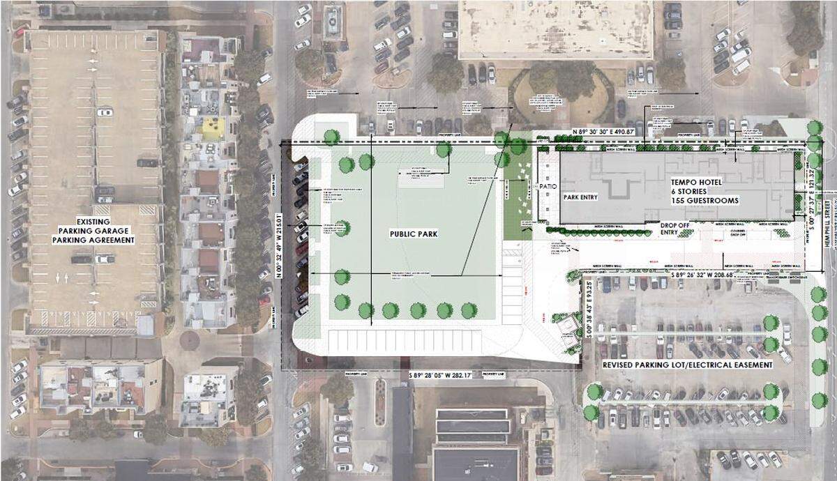 This map shows the location of a proposed six-story Tempo hotel by Hilton at 1200 Hemphill St., between West Magnolia Avenue and West Rosedale Street, next to Magnolia Green Park.
