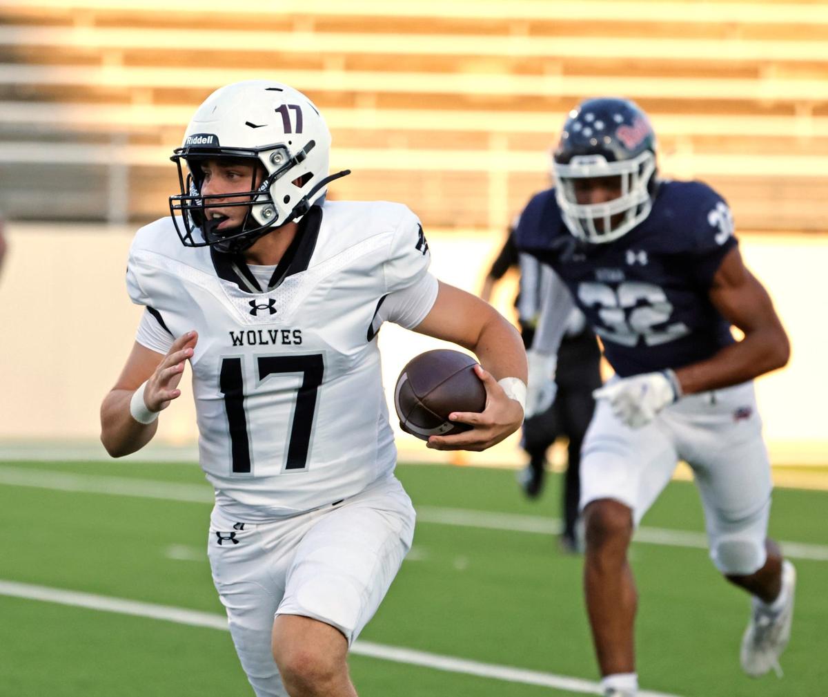 Timberview quarterback Anthony De Santo (17) runs a quarterback keeper during a UIL football game at C.H. Collins Activity Complex in Denton, Texas, Thursday, Sept. 05, 2024.