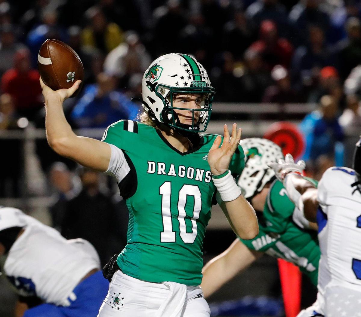 Southlake Carroll quarterback Graham Knowles (10) passes in the first half of a District 4-6A football game at Dragon Stadium in Southlake, Texas, Friday, Oct. 28, 2022. Carroll led Byron Nelson 21-13 at the half. (Special to the Star-Telegram Bob Booth)