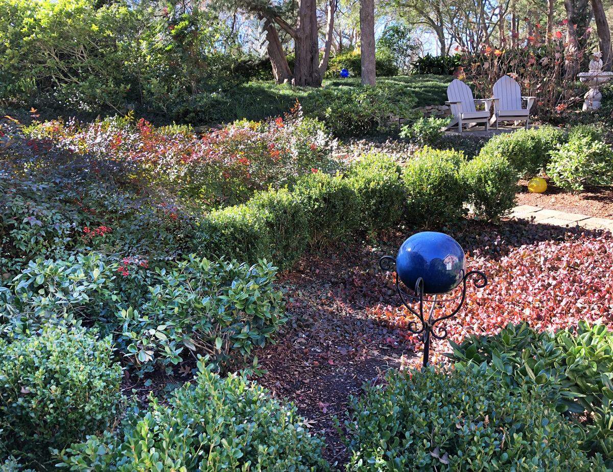 A gazing ball provides color in winter landscape in Sperry home landscape.