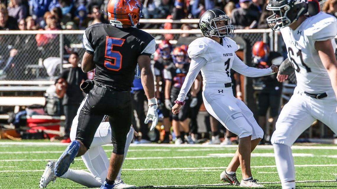 Junior Tori Soland kicks against Colleyville Covenant on Nov. 2, 2019.