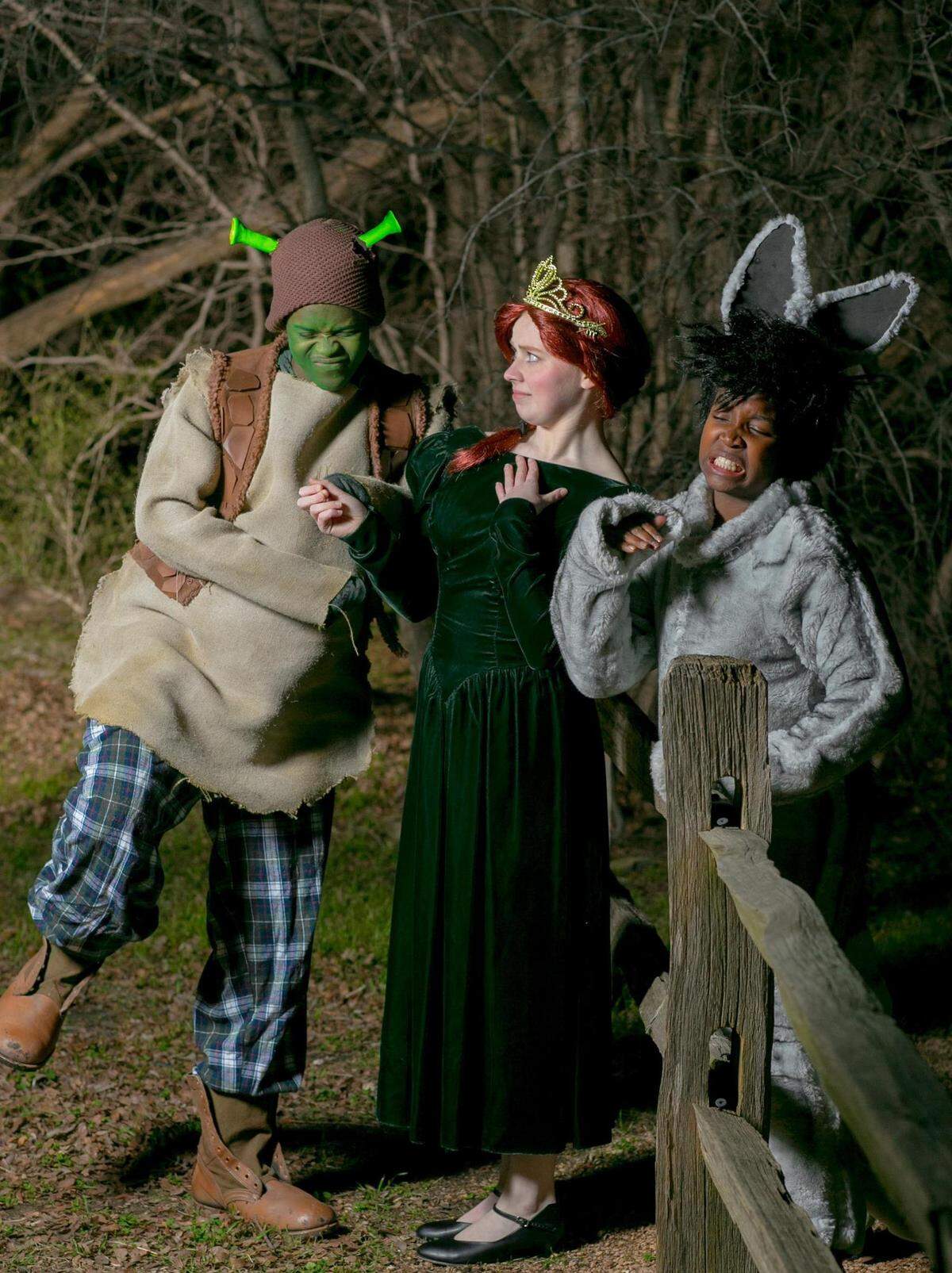 From left, Michael Jay as Shrek and Sydney Dotson as Fiona and Konnor Sheffield as Donkey  in Theatre Arlington's production of Shrek the Musical Jr.