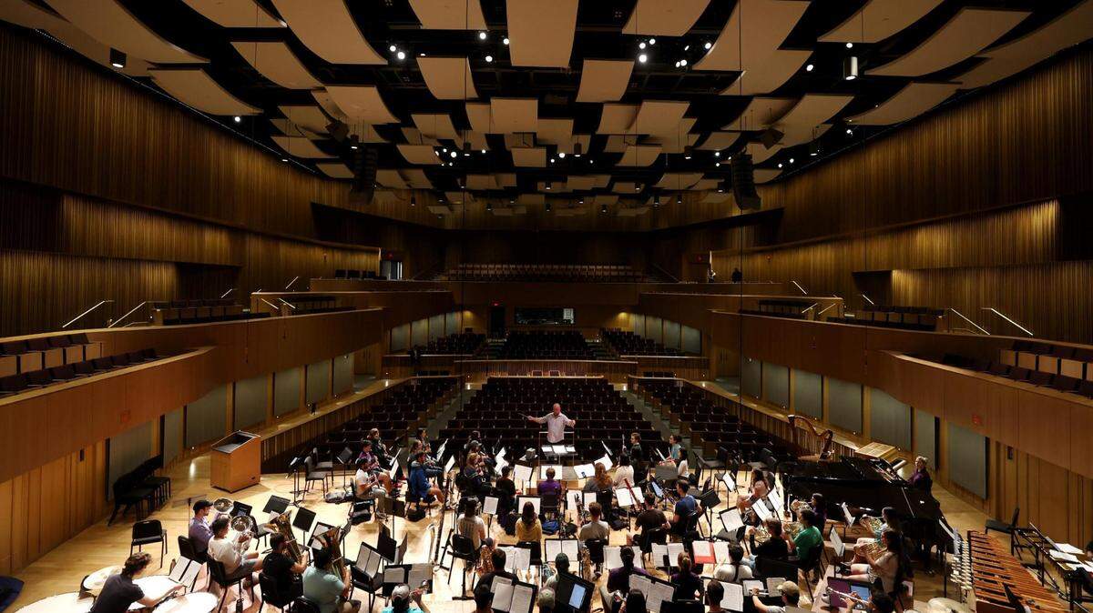 The TCU wind symphony rehearses at the Van Cliburn Concert Hall on Monday. The hall, inside TCU’s new $53 million Music Center, will host its first public event on Friday.