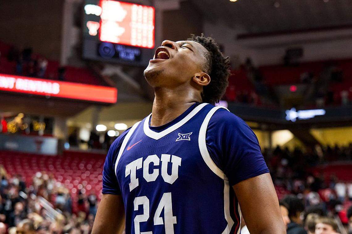 LUBBOCK, TEXAS - MARCH 03: Xavier Edmonds #24 of the TCU Horned Frogs celebrates after a game against the Texas Tech Red Raiders at United Supermarkets Arena on March 03, 2026 in Lubbock, Texas. (Photo by John E. Moore III/Getty Images)
