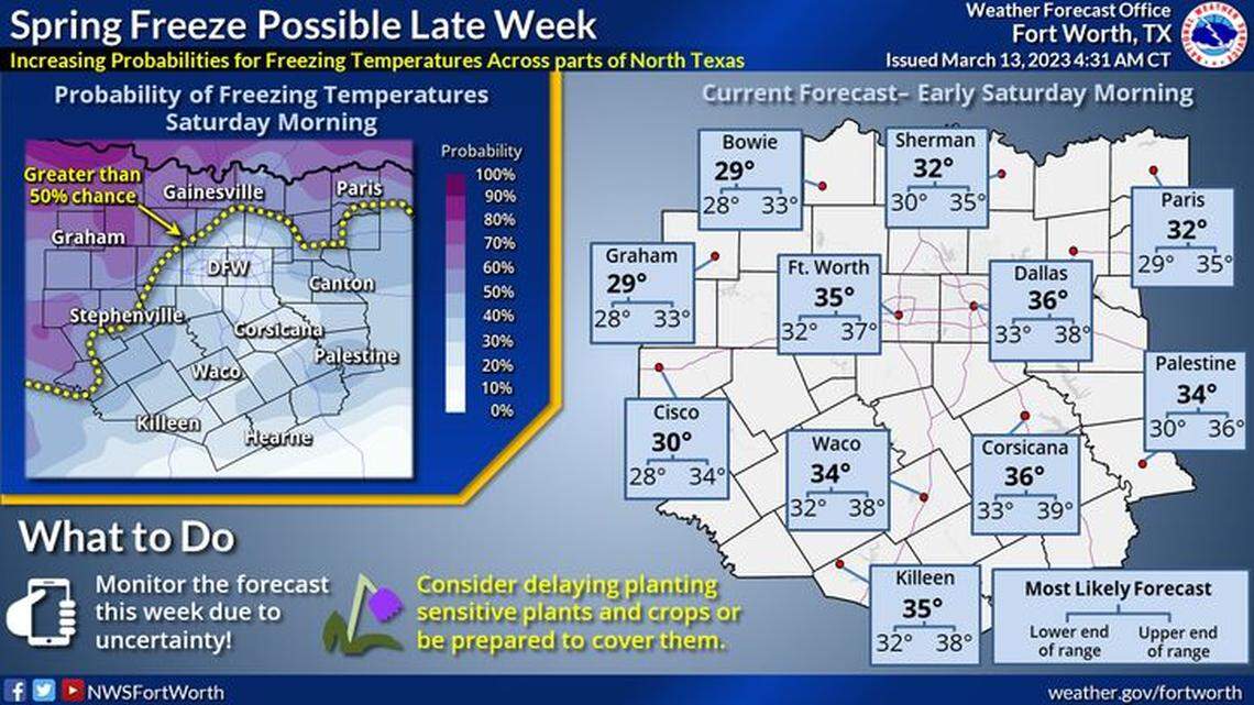 Low temps in the Dallas-Fort Worth area likely will be in the 30s, but colder temperatures are more likely in counties to the west and northwest, with a “spring freeze” possible Friday night, March 17, 2023.
