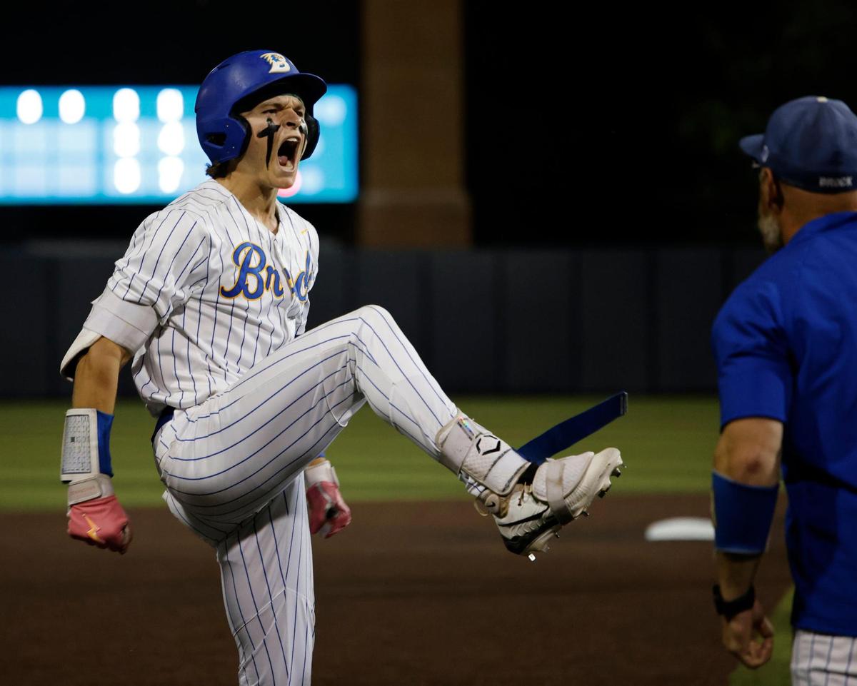 Brock pitcher Jesse Rusinek (1) celebrates his triple that put the Eagles up by three during a UIL 4A D2 semifinal baseball game at Dallas Baptist University’s Horner Ballpark in Dallas, Texas, Thursday, May 29, 2025.
