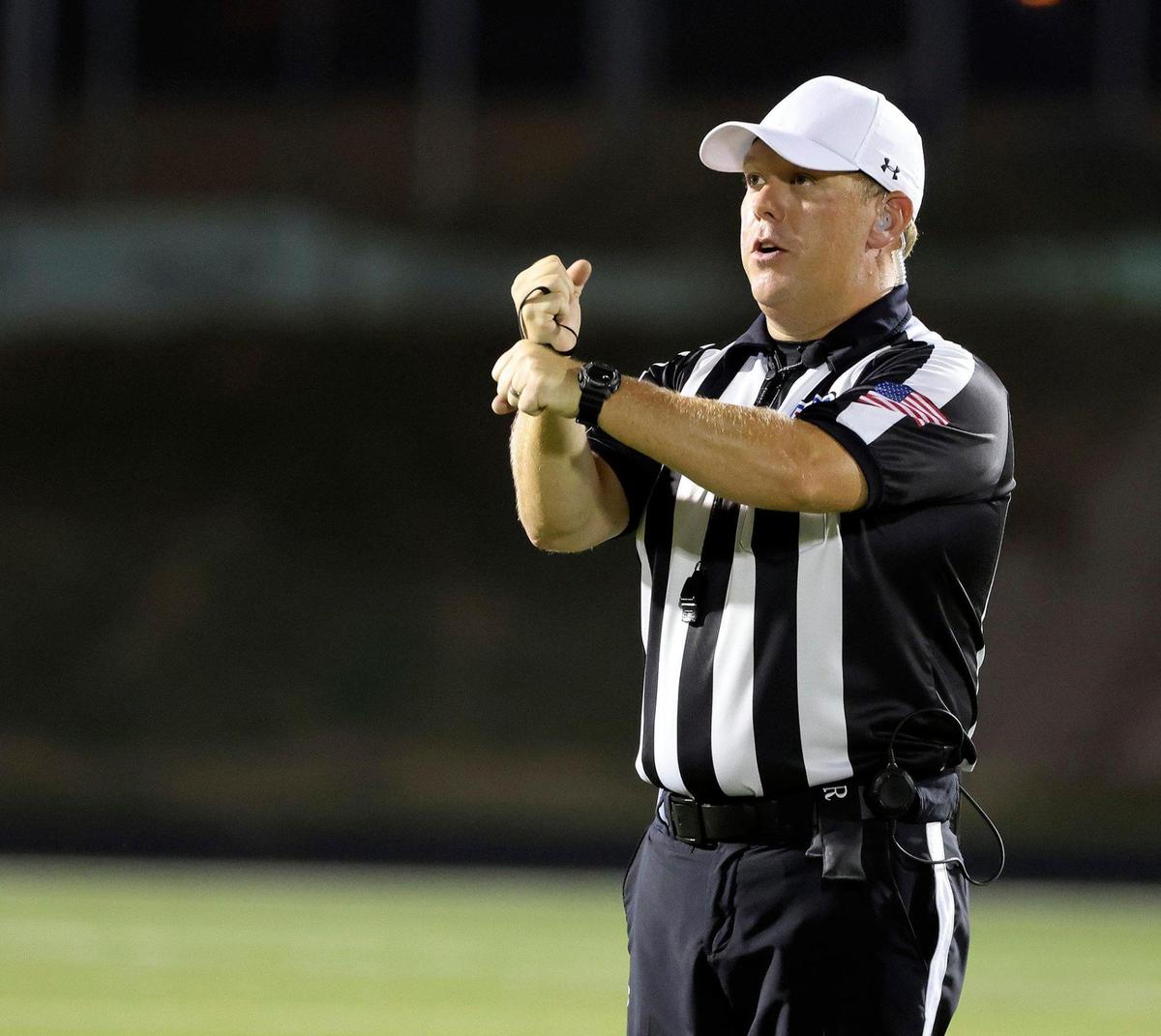 The official calls a penalty in the second half of an UIL football game at Keller ISD Stadium in Keller, Texas, Thursday Aug. 31, 2023.