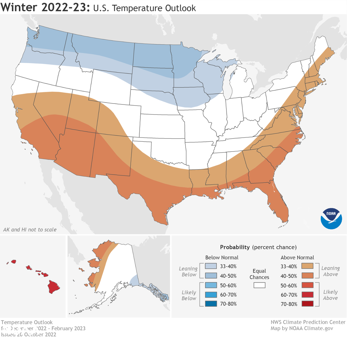 The U.S. Winter Outlook 2022-2023 map for temperature shows the greatest chances for warmer-than-average conditions in western Alaska, and the Central Great Basin and Southwest extending through the Southern Plains.