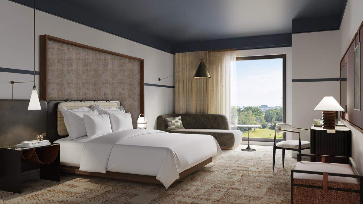A guest room in The Elmore Hotel.