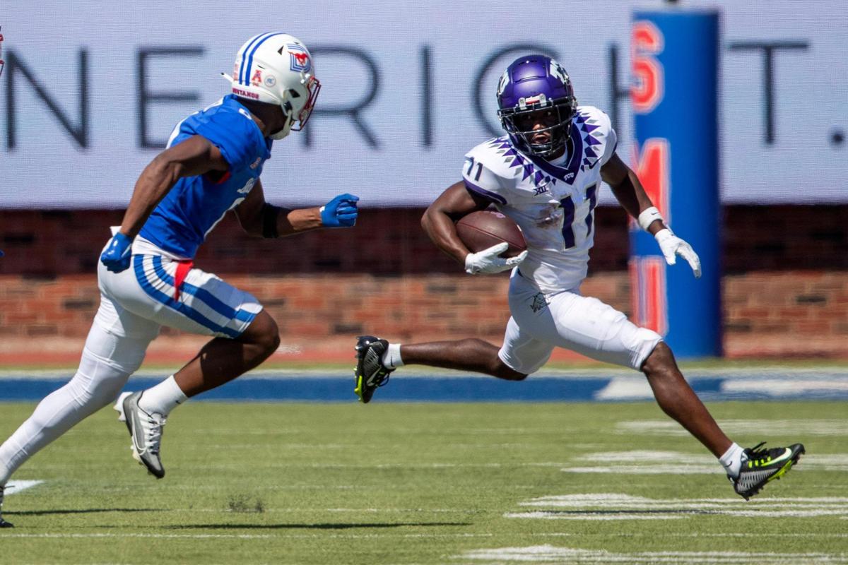 TCU wide receiver Derius Davis outruns SMU’s defense on Saturday, Sept. 24, 2022, at the Gerald Ford Stadium in the Southern Methodist University in Dallas, Texas.