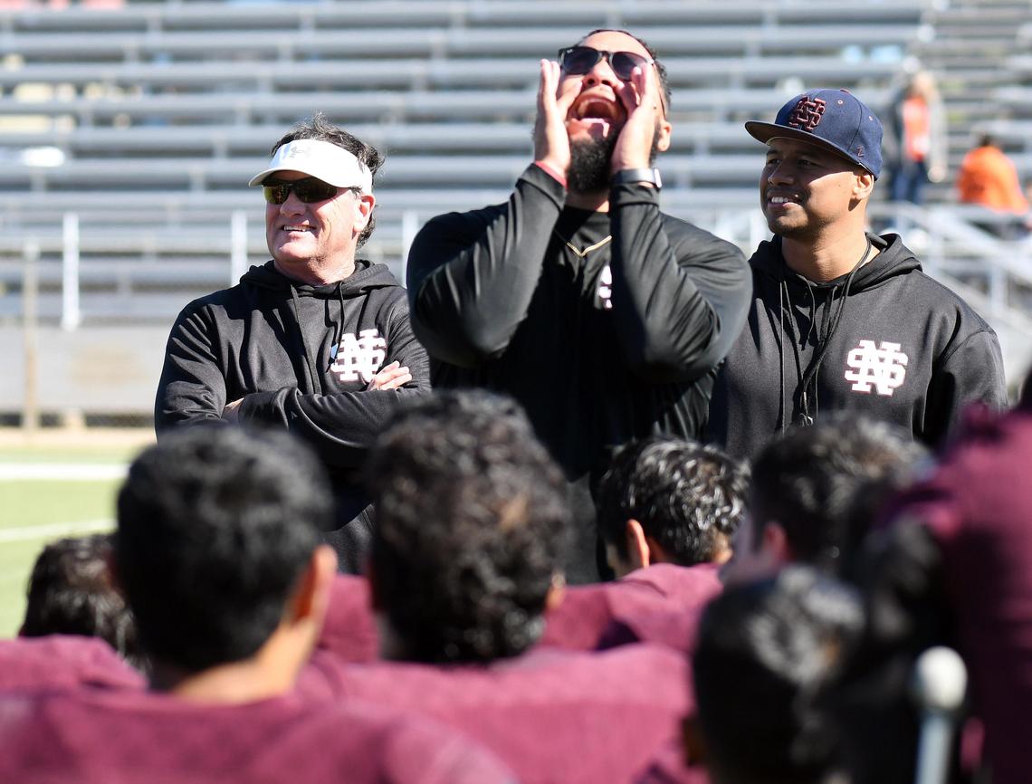 North Side head football coach Joseph Turner shouts out to his team after a 21-20 win over PolyTechnic during Saturday’s November 2, 2019 football game at Scarborough-Handley Field in Fort Worth, Texas. Special/Bob Haynes