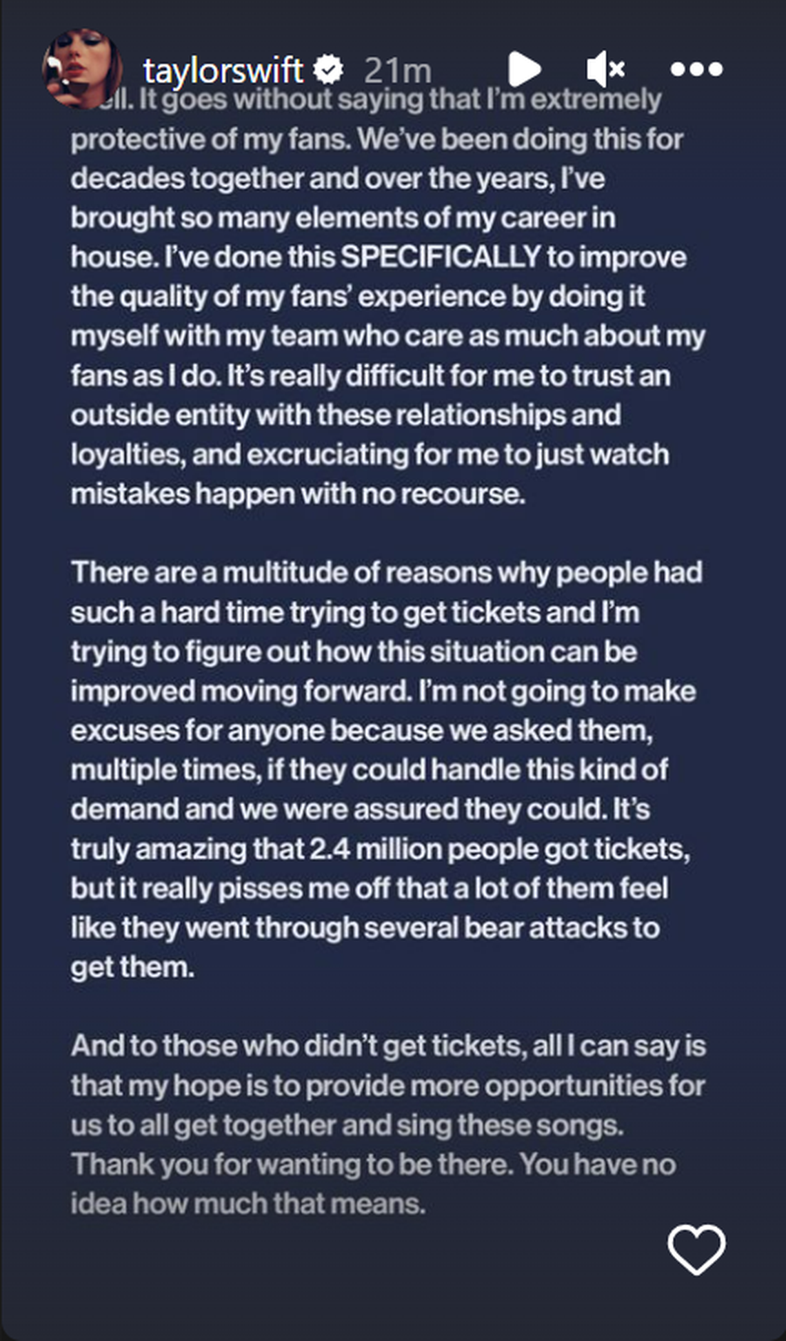 Taylor Swift statement on Instagram.