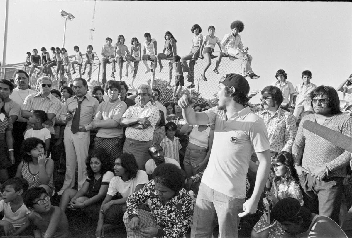Chicanos gather at Pike Park in Dallas to express outrage at the murder of Santos Rodriguez on July 24, 1973.