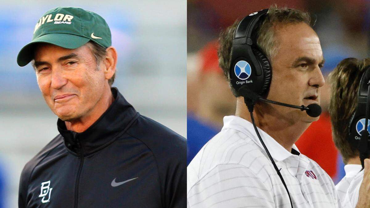 Art Briles, left, and current SMU coach Sonny Dykes have emerged as two of the top candidates to become the next football coach at Texas Tech. Both have ties to the university.