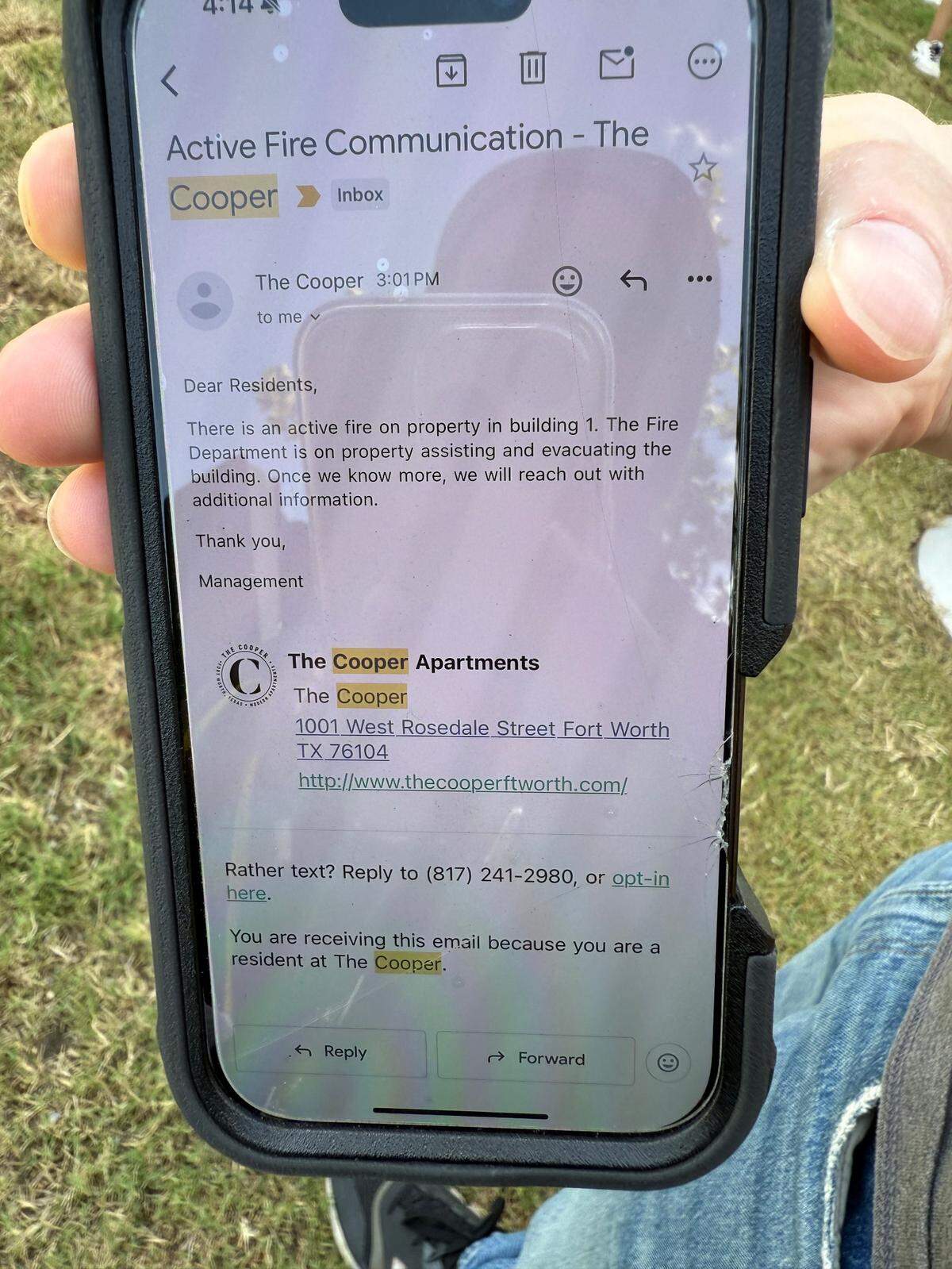 An email sent to tenants about the fire Monday, June 23, at The Cooper apartments in Fort Worth.