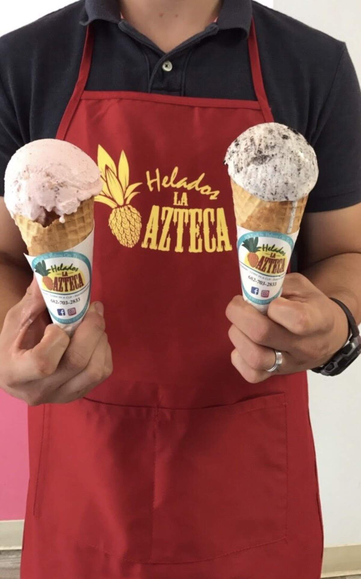 Casi Cielo (a strawberry- based flavor with apple, crushed almonds and a hint of vanilla), left, and cookies-and-cream ice cream at Helados La Azteca in Haltom City. "Casi Cileo" translates to "almost heaven."