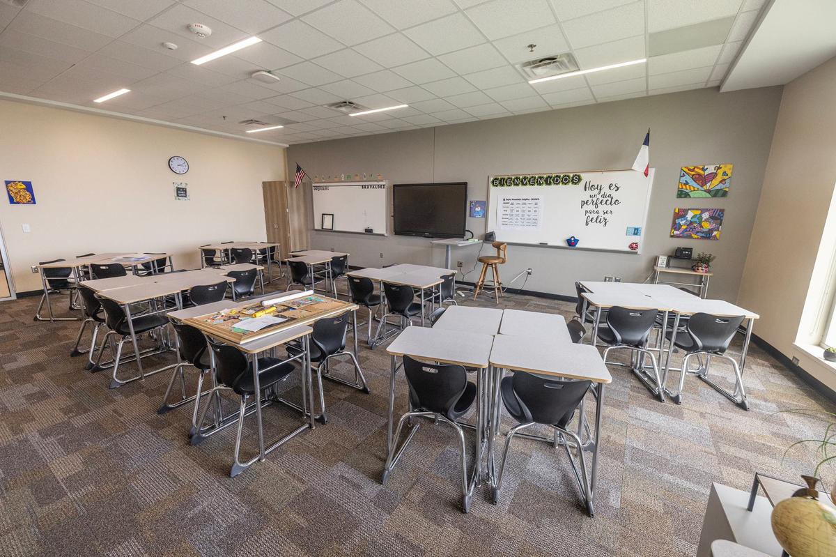 A Spanish classroom at the new Eagle Mountain High School. This classroom is the common model for most courses at the school.