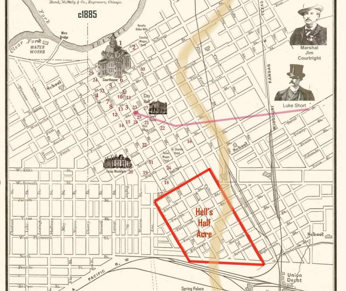 An 1885 map showing Hell’s Half Acre red-light district in Fort Worth.