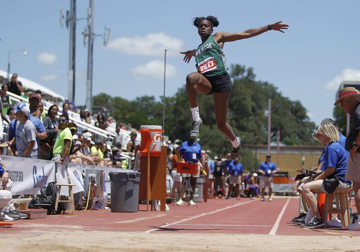 Mansfield Lake Ridge junior Jasmine Moore, shown at last year’s UIL state track and field meet, defended her Class 5A state titles in the long jump and triple jump Friday in Austin.