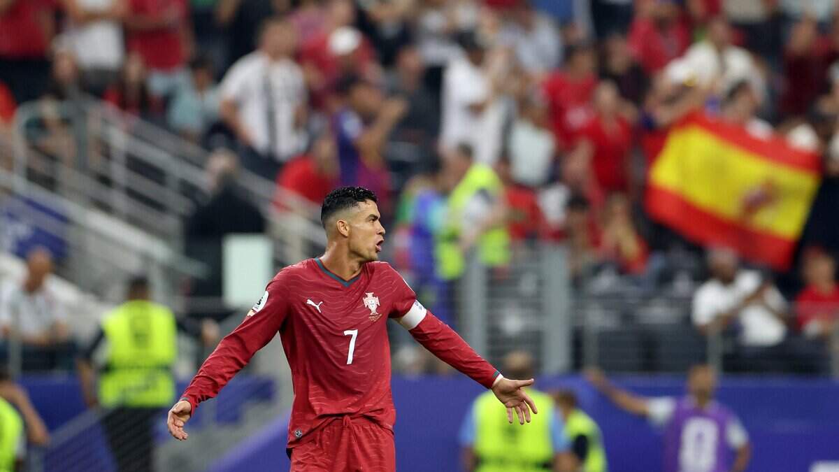 Portugal forward Cristiano Ronaldo reacts after a goal by Spain during 2026 FIFA World Cup round of 16 match on Monday, July 6, 2026, at Dallas Stadium in Arlington.
