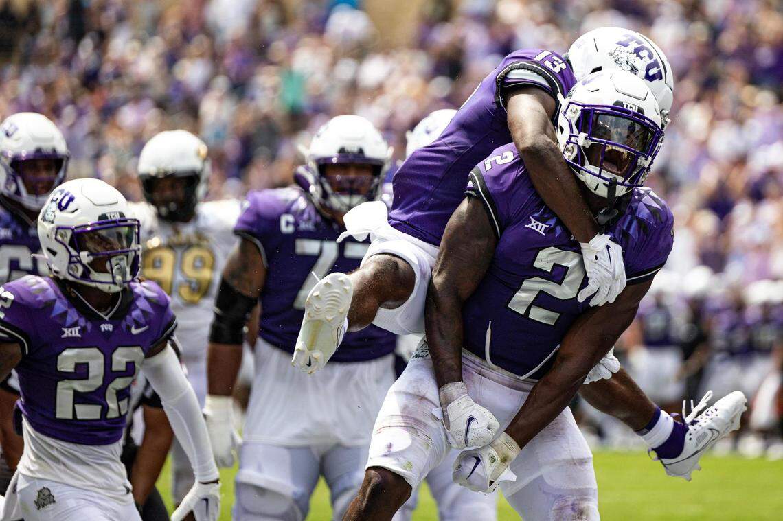 TCU running back Trey Sanders (2) celebrates with his teammates after scoring a touchdown in the second quarter of a college football game between the TCU Horned Frogs and the Colorado Buffaloes at Amon G. Carter Stadium in Fort Worth on Saturday, Sept. 2, 2023.