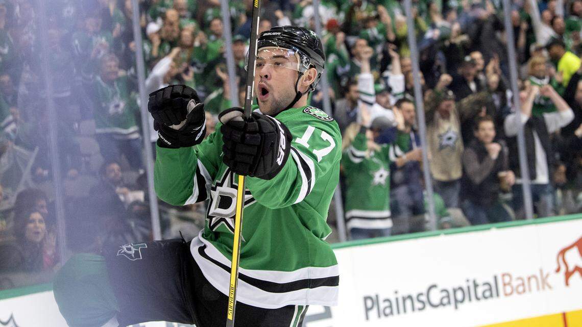 Dallas Stars center Devin Shore celebrates after scoring a goal against the San Jose Sharks during the first period Thursday in Dallas.