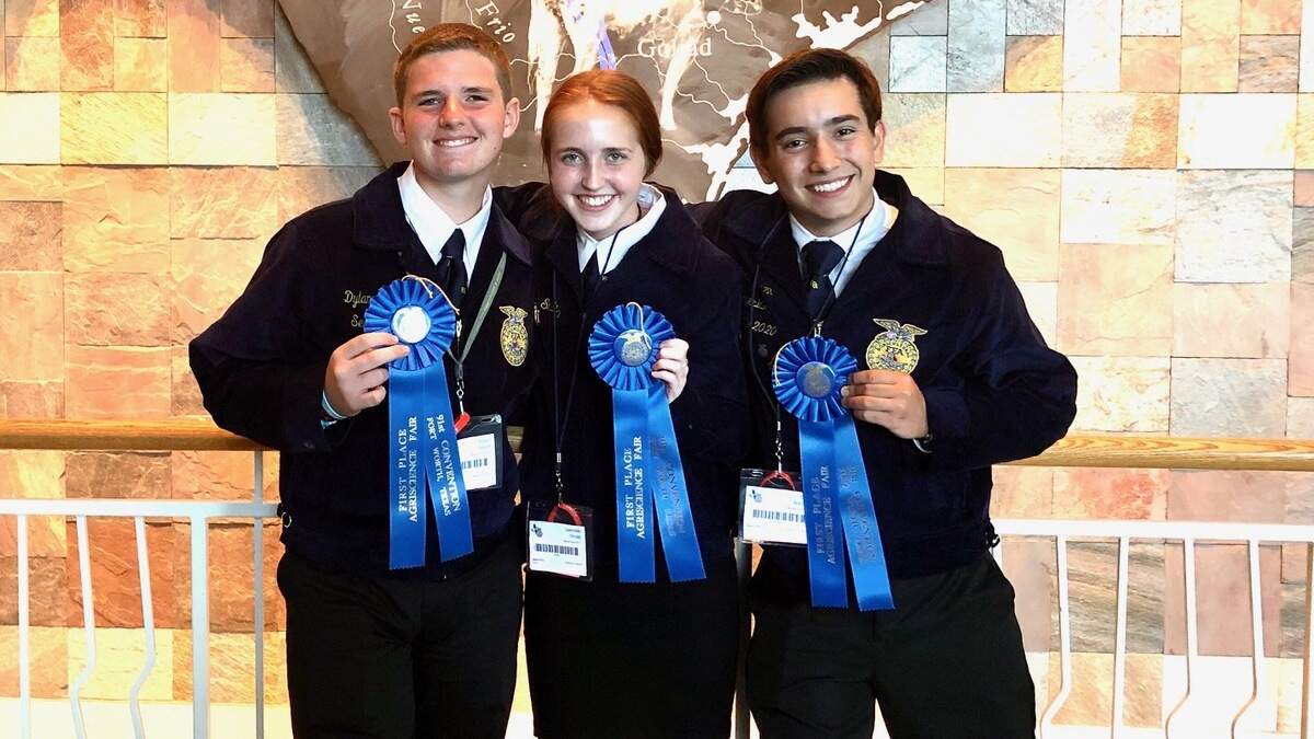 Dylan Sweatt, left, Gabby Schultz and Cole Bohnen received honors at the 2019 National FFA Convention, bring to five the number of awards the Aledo FFA has won in only two years since the group started competing under Aledo Career and Technical Education Director Mary Elizabeth Smith.