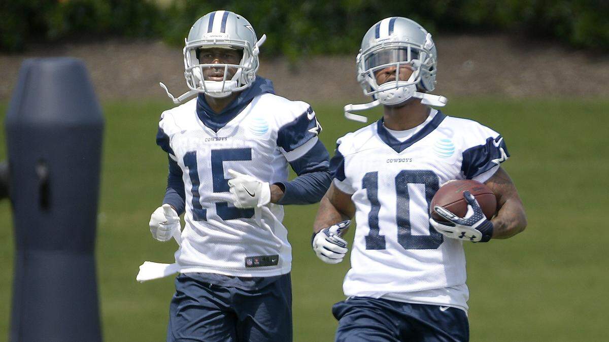 Tavon Austin (10) and Deonte Thompson (15) running passing routes during first week of OTAs at the Ford Center at The Star in Frisco, TX, Wednesday, May 23, 2018.