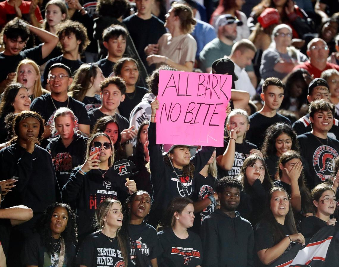 Trinity fans showed their support in the first half of a District 3-6A high school football game at Pennington Field in Bedford, Texas, Thursday, Nov. 03, 2022. Trinity led L.D. Bell 14-7 at the half.(Special to the Star-Telegram Bob Booth)