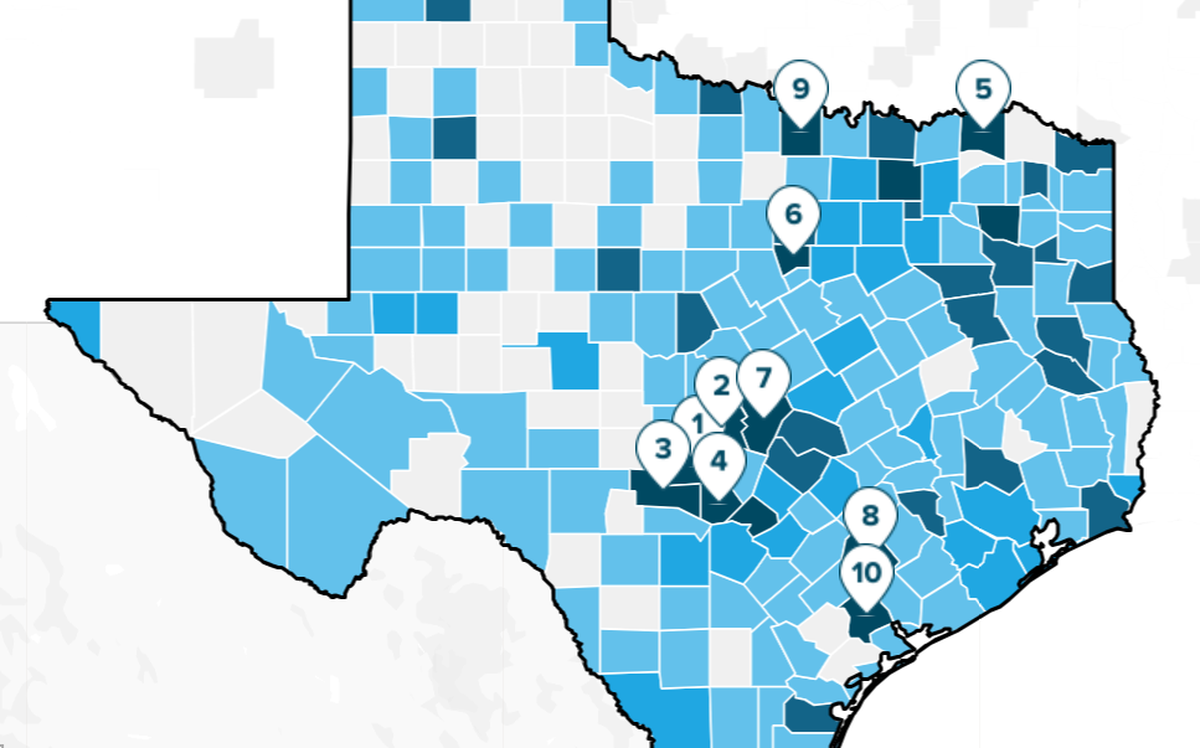 The top ten counties for retirees in Texas. The lighter white colors are the worst places and then darker blue colors are the best.