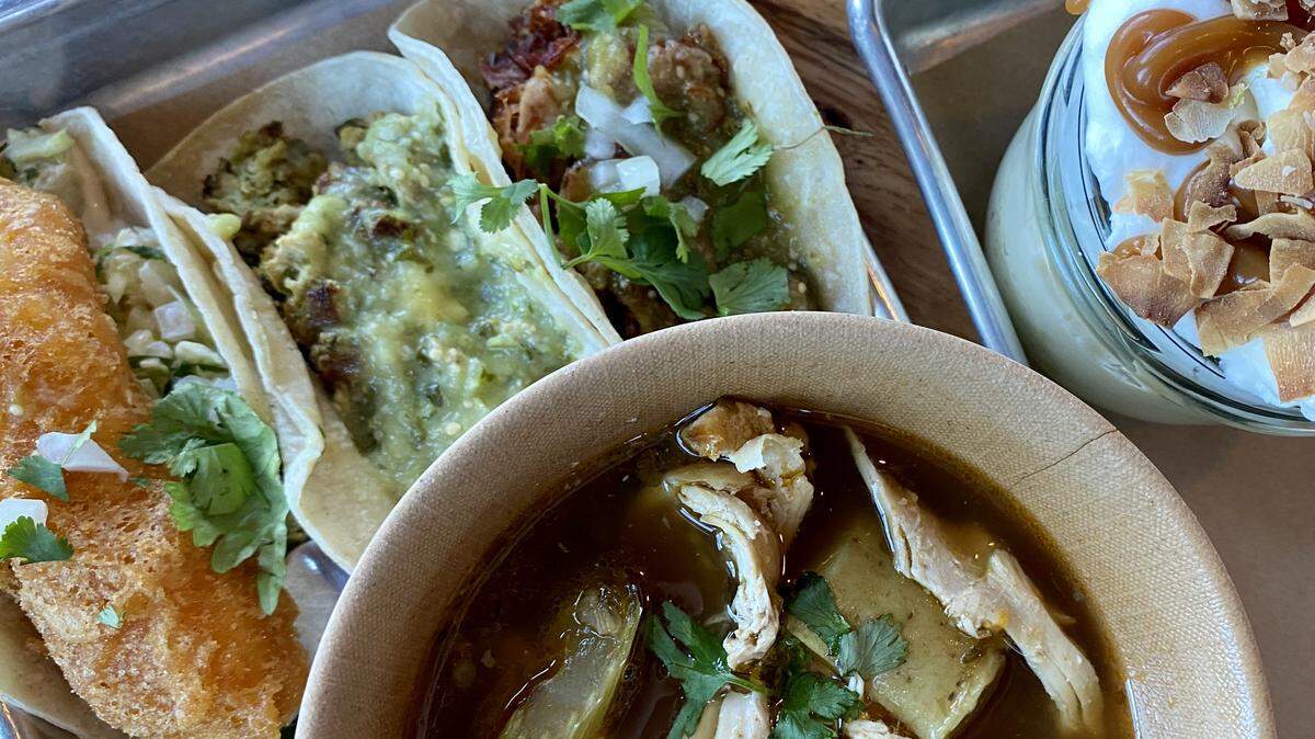 An $11 lunch special at Bartaco: fish, chicken and carnitas tacos and chicken soup, plus (it’s extra) a tres leches cake jar dessert.