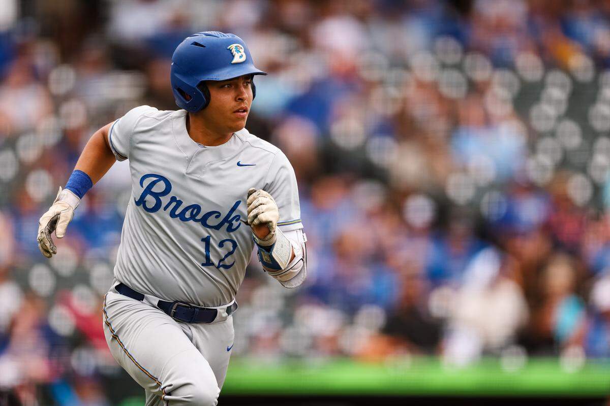 Brock first baseman Evan O'Connor (12) runs toward first base against Robinson in the UIL Class 4A Division II baseball state championship game on Friday, June 5, 2026, at Dell Diamond in Round Rock, Texas.