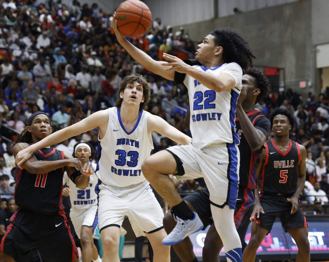 North Crowley guard Isaak Hayes (22) puts one in against Duncanville during the first half of a UIL Class 6A Division I boys semifinal basketball game at Wilkerson Greines Activity Center in Fort Worth, Texas, Monday, Mar. 10, 2026.
