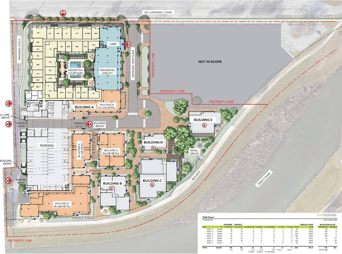 The proposed design of Merrimac mixed-use development along Old University Drive and Trinity River.
