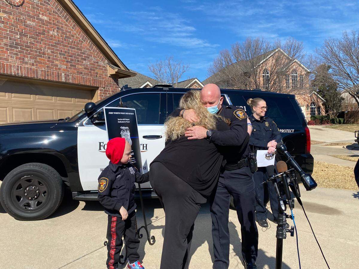 Six-year-old Rylan Pruitt wore a Fort Worth Police Department uniform shirt with his last name near a front pocket, and blue and red Spider-Man shoes as he was sworn in as an honorary police officer.