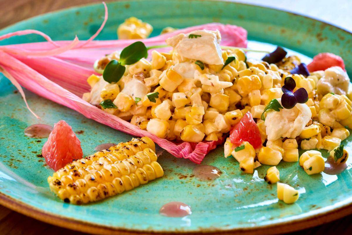 An esquites-crab salad at The Seeker restaurant.