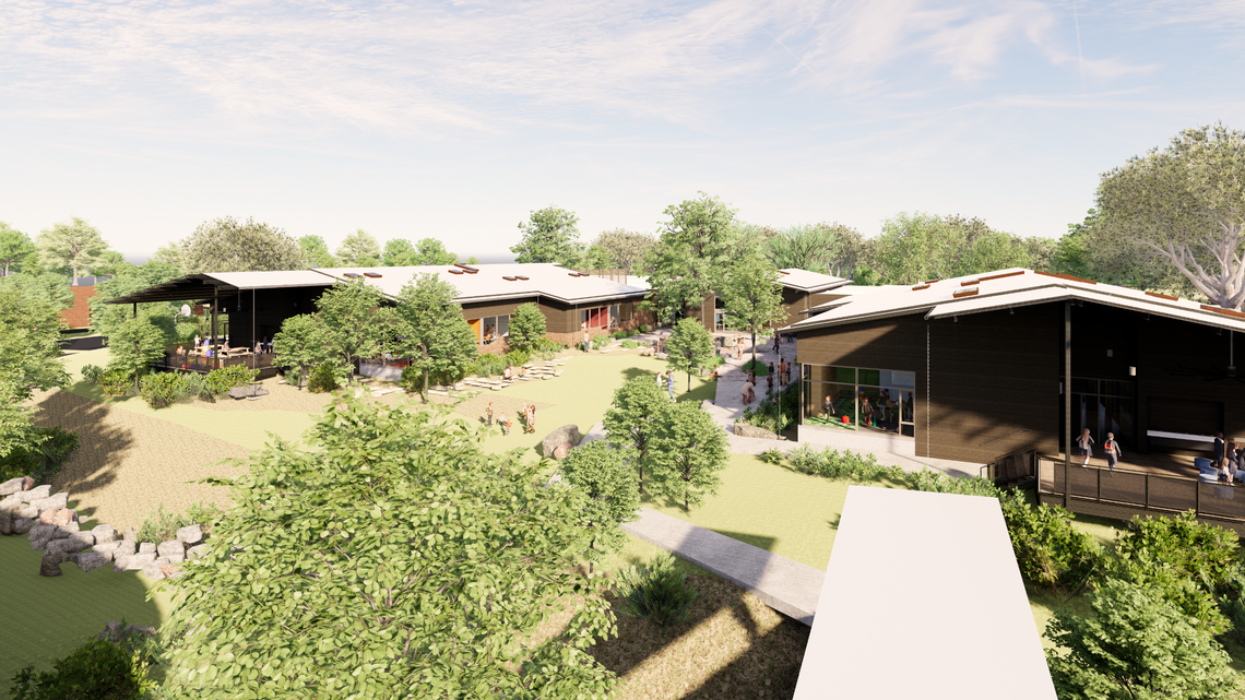 A rendering shows the outside of Fort Worth Country Day’s new lower school for first- through fourth-graders.