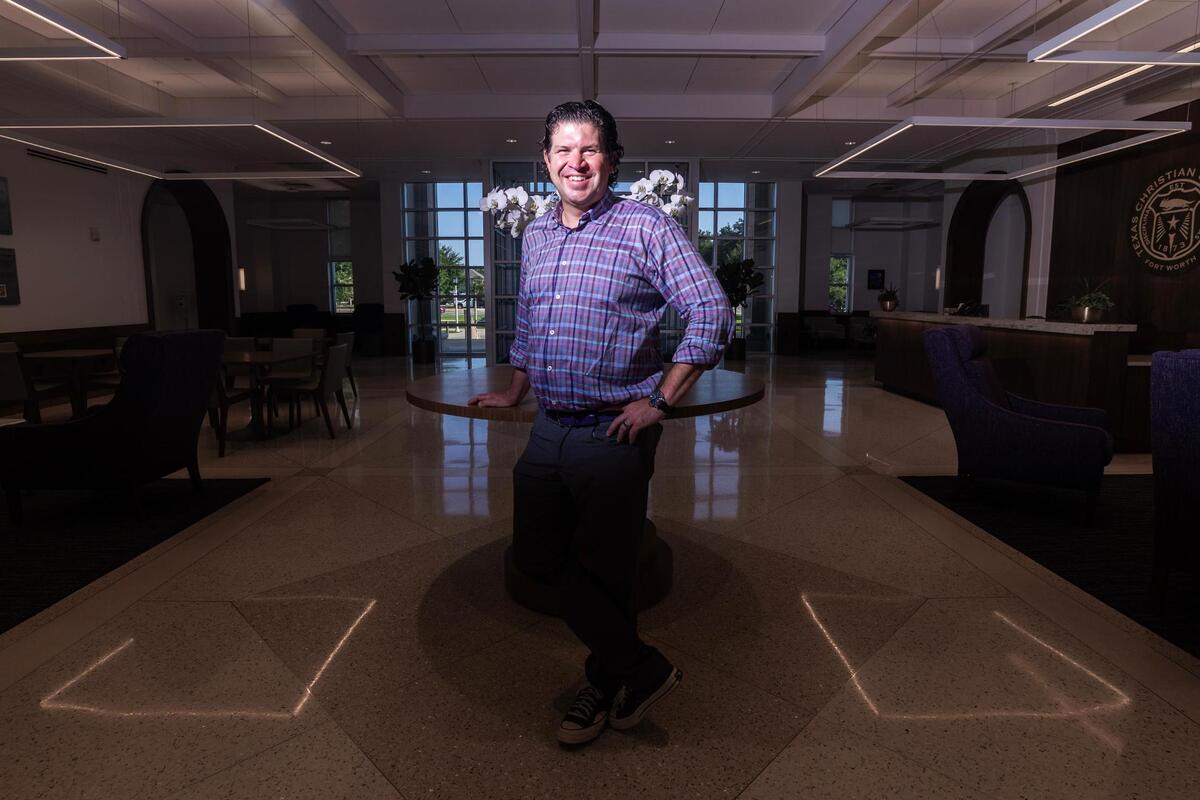 TCU Chancellor Daniel Pullin is photographed in the lobby of The Harrison building on TCU’s campus on Friday, July 11, 2025.