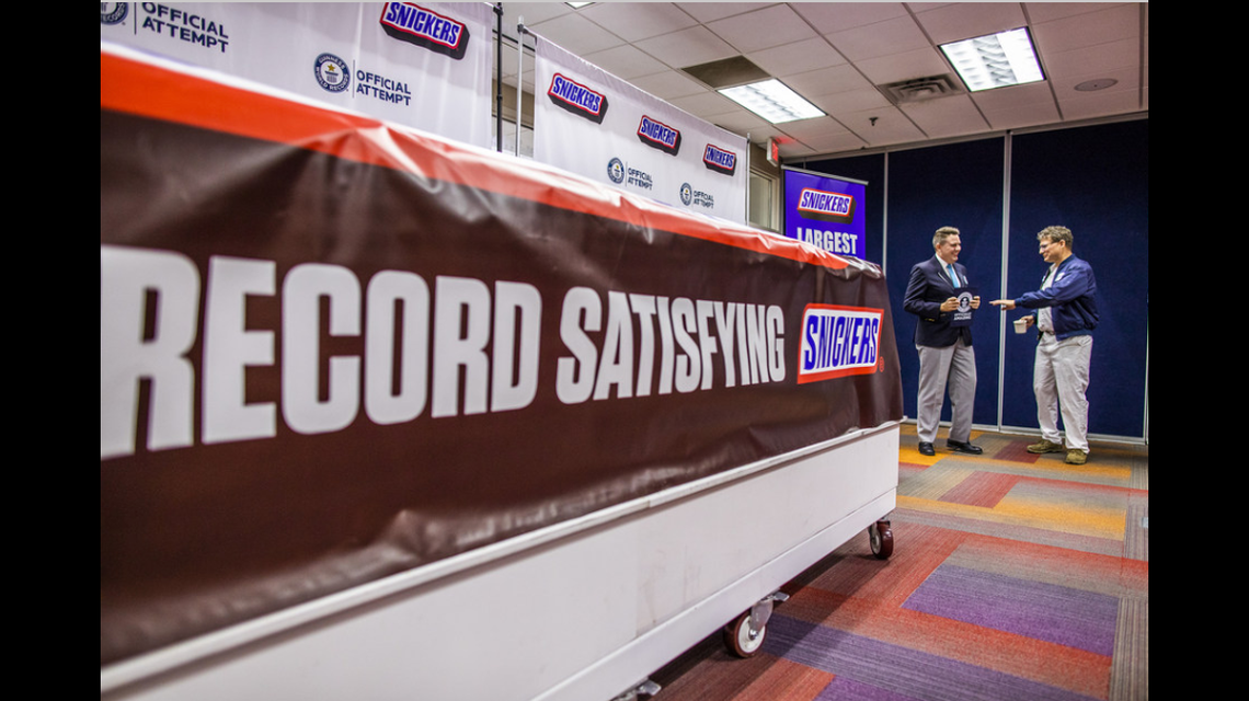 This two-ton Snickers in Texas is the largest chocolate nut bar of ever made, Guinness World Records says.