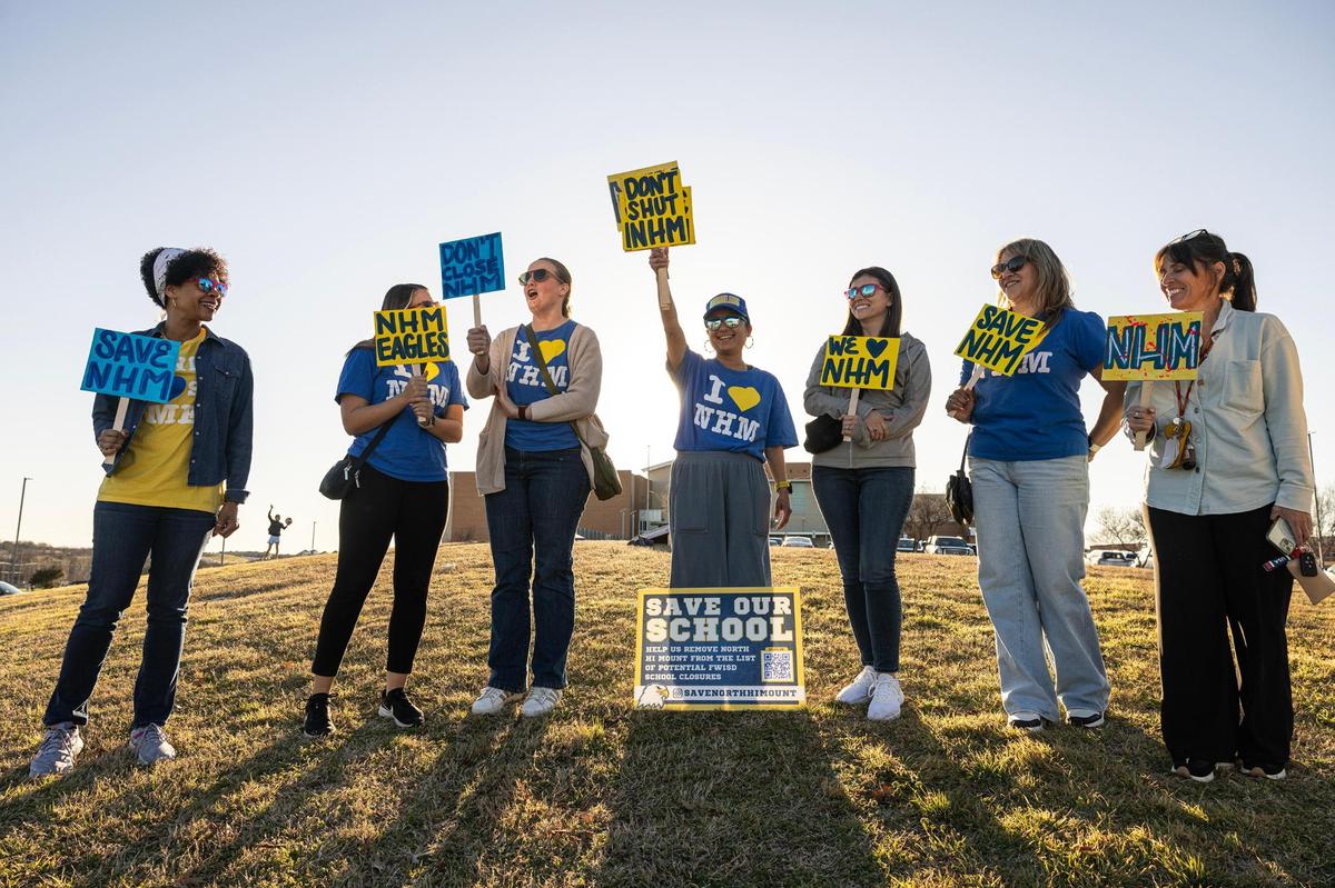 Parents and students of North Hi Mount Elementary School join together for a rally prior to the third Fort Worth ISD community meeting to discuss potential school closures at Benbrook Middle-High School on Thursday, Feb. 27.