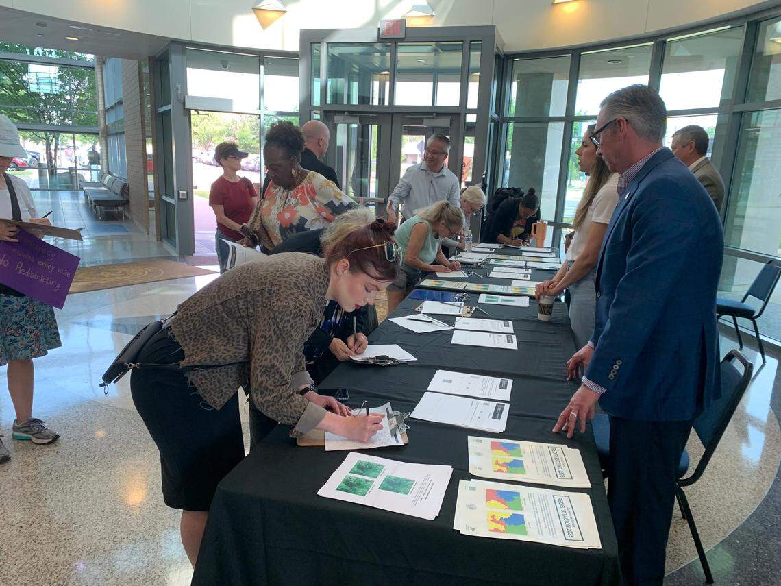 Over 100 speakers signed up to talk about the Tarrant County redistricting town hall in Arlington on May 17, 2025. Most spoke out against the proposed maps, and about a fourth were in favor of them.