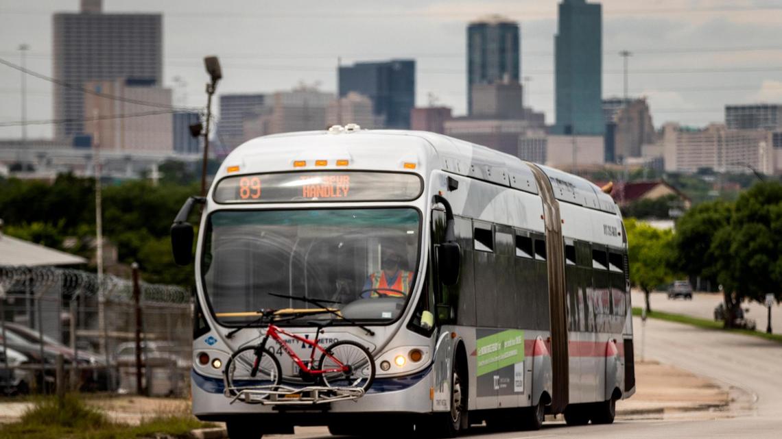 A bus makes its way along E. Lancaster Avenue Wednesday, June 2, 2021, in Fort Worth. Some Trinity Metro services were suspended on Wednesday, Feb. 1, but there are still public transit options available in Fort Worth.