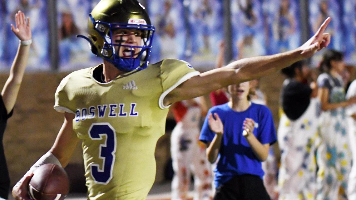 Boswell quarterback Sawyer Farr, celebrates after scrambling out of the backfield 28 yards against Trinity for the touchdown to take a 14-13 lead in the first quarter of Friday’s September 16, 2022 District 3-6A football game at Boswell High School Pioneer Stadium in Fort Worth, Texas. Special/Bob Haynes