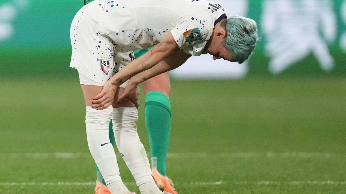 Megan Rapinoe reacts after losing to Sweden in the penalty kick shootout during a Round of 16 match in the 2023 FIFA Women’s World Cup at Melbourne Rectangular Stadium.