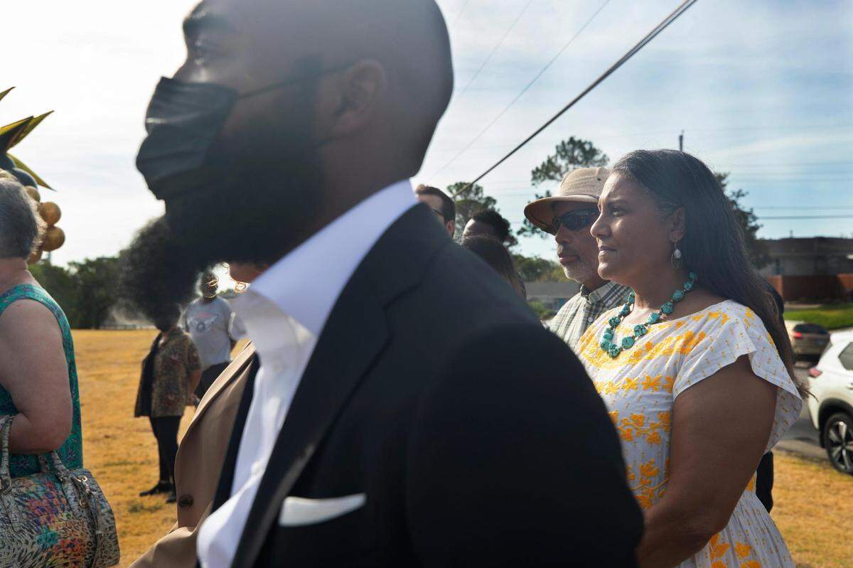 Faith Cary Ellis attends the unveiling of a street sign dedicated to her father, Reby Cary, in Fort Worth, Texas, on Saturday, July 30, 2022. Cary died in 2018 at 98 as a well-known educator and civil rights leader.