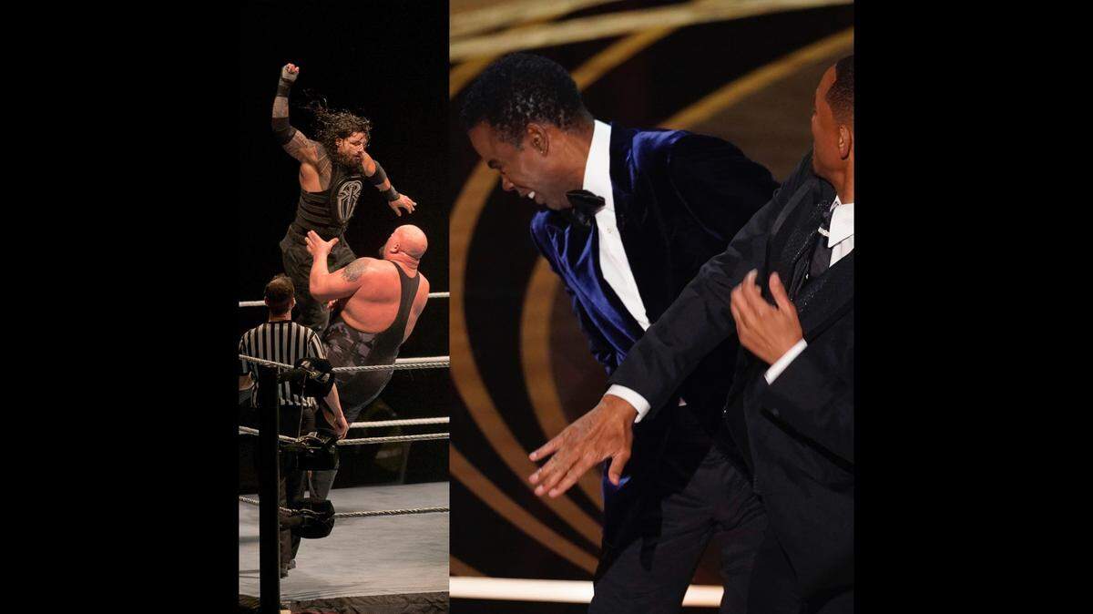 With Roman Reigns (left) and WWE’s WrestleMania coming to AT&T Stadium this weekend, it brings to mind whether Will Smith versus Chris Rock was indeed real or pro wrestling?