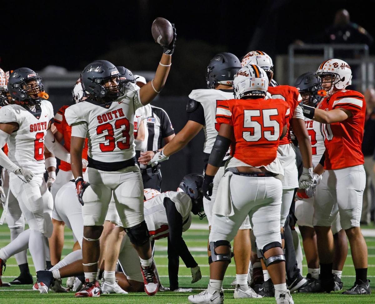 South Grand Prairie defensive lineman Kaden Fields (33) displayed his turnover recovery during a UIL District 8-6A football game at Birdville Fine Arts/Activity Complex in North Richland Hills, Texas, Thursday, Oct. 31, 2024.