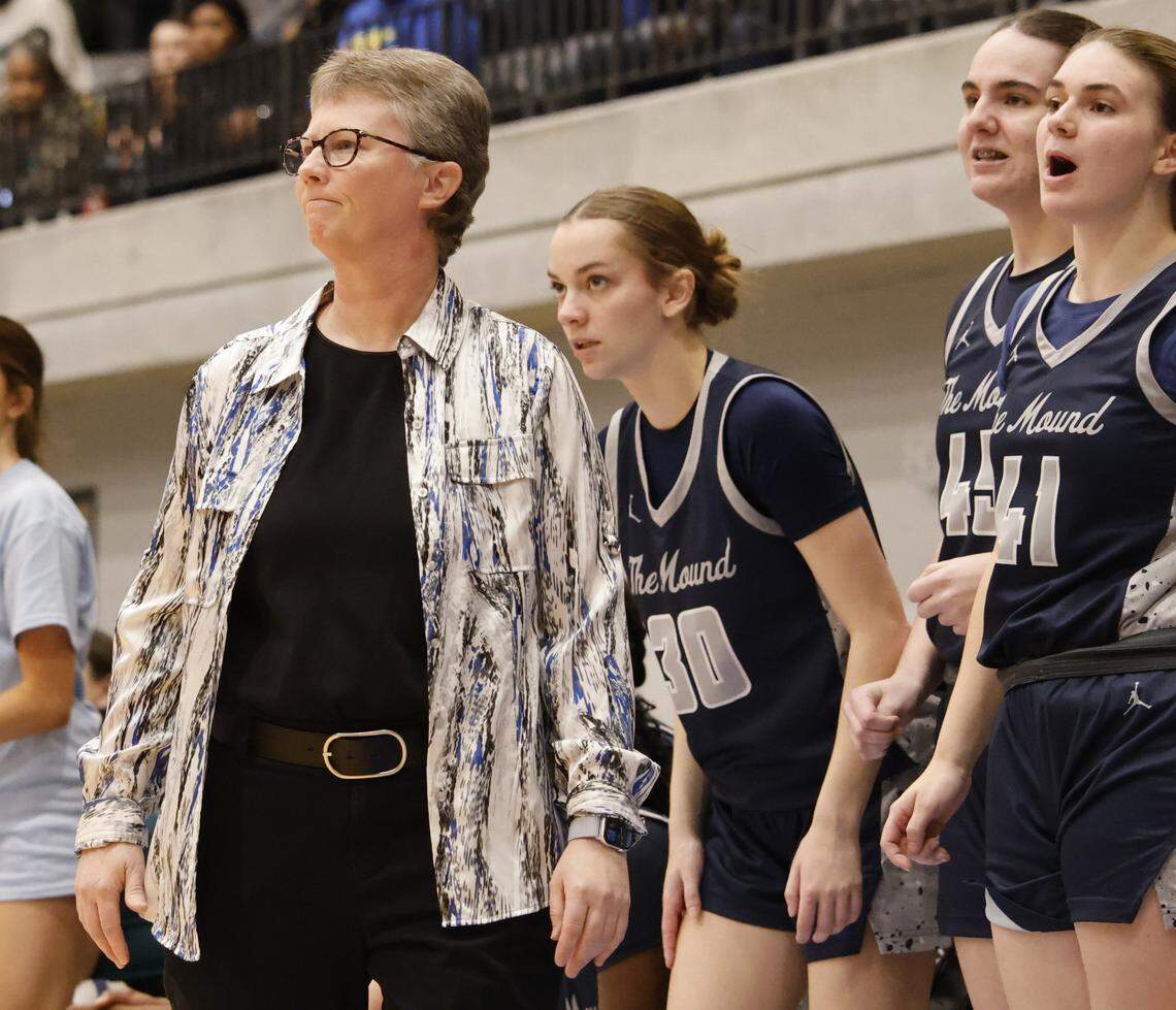 Flower Mound head coach Sherika Nelson watches her teams offensive possession against North Crowley during the first half of a UIL Class 6A Division I girls regional final basketball playoff game at Arlington ISD Athletics Center in Arlington, Texas, Friday Feb. 27, 2026.