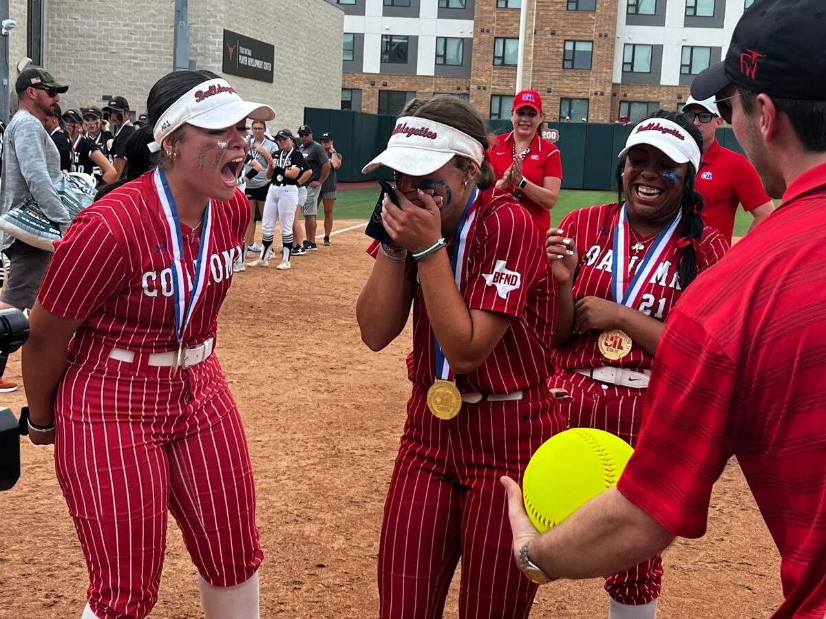 Coahoma second baseman Brynn Rodgers reacts to being named the Class 3A state championship Most Valuable Player at Red & Charline McCombs Field on May 30, 2024.