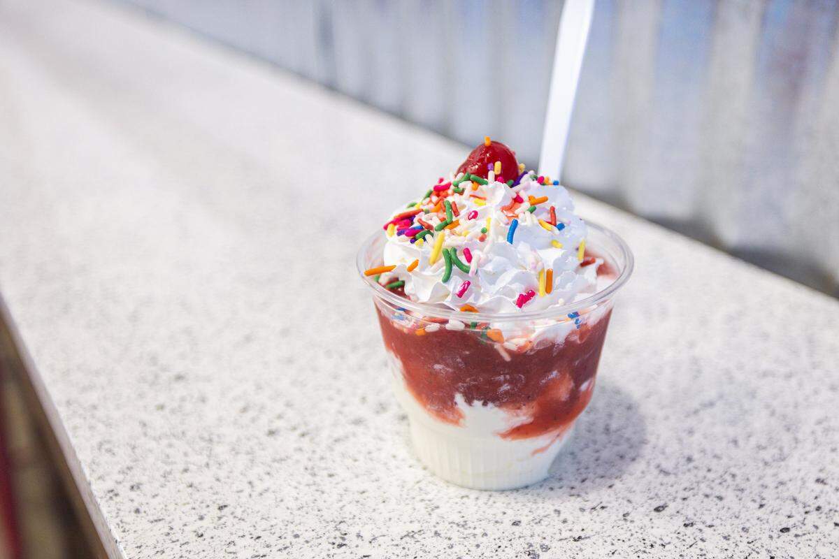 A strawberry vanilla frozen custard sundae at Woolley's Frozen Custard in Keller on Wednesday, Sept. 10, 2025. Woolley's was voted as the Best Ice Cream in Fort Worth by Star-Telegram readers.
